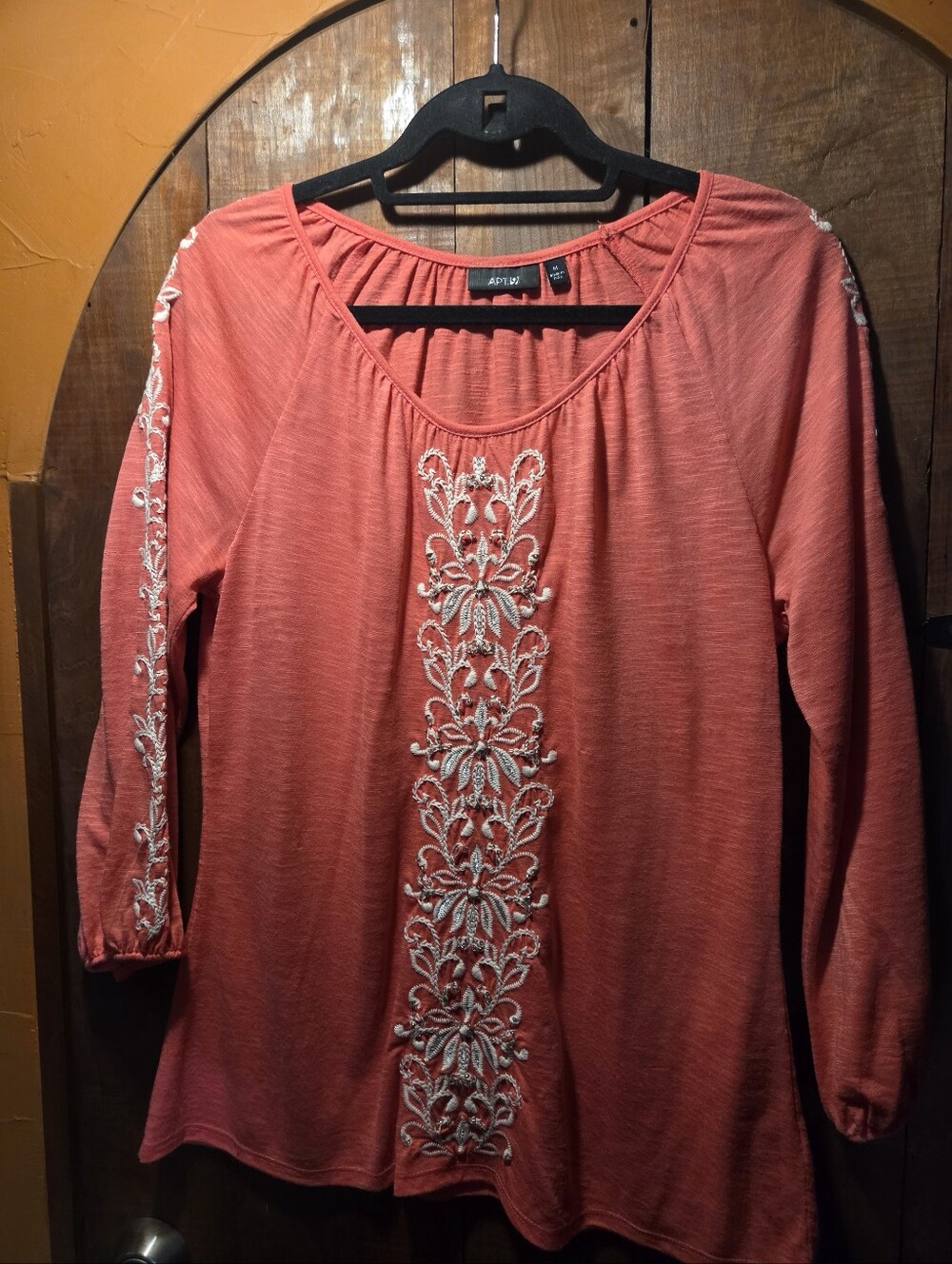 Apt. 9 Coral Long-Sleeve Top with White Embroidery